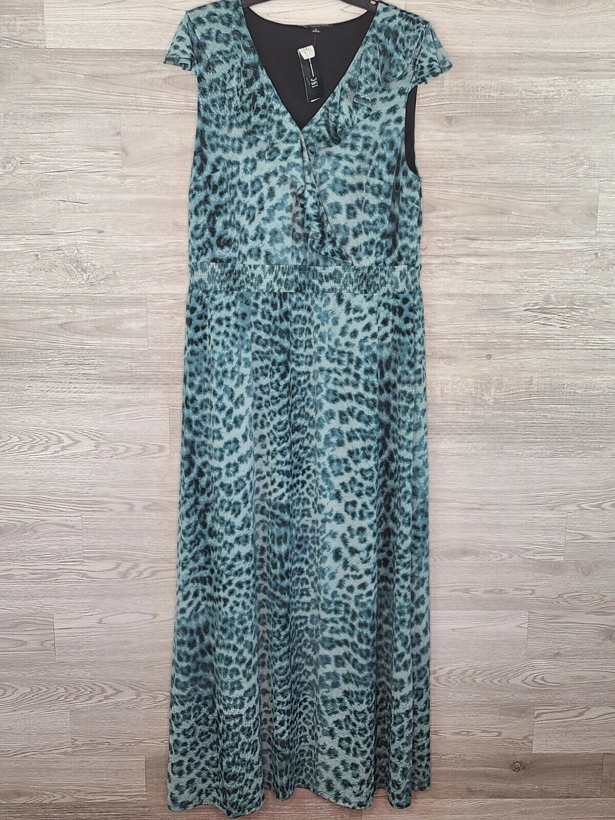 INC Women's Turquoise Leopard Print Ruffled V-Neck Long Maxi Dress Size XL