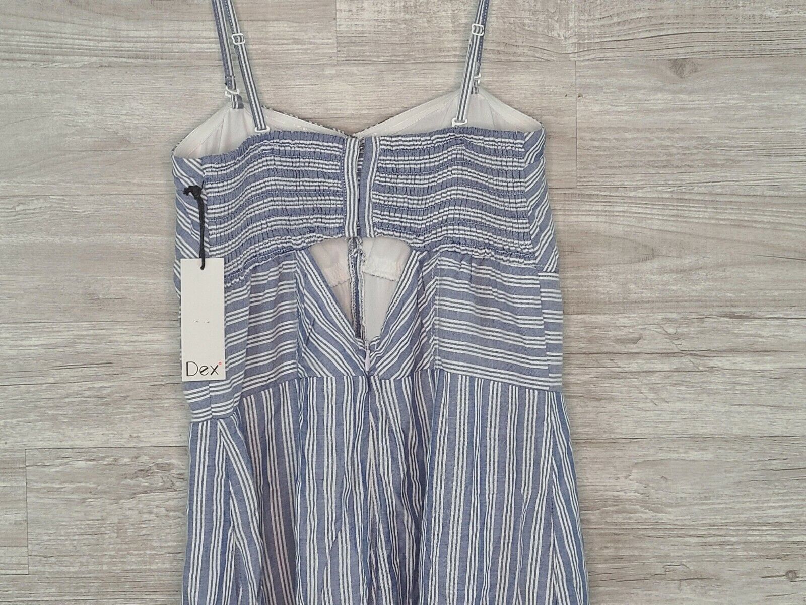 Dex Women's Blue & White Striped Cropped Wide Leg Smocked Jumpsuit Size Small