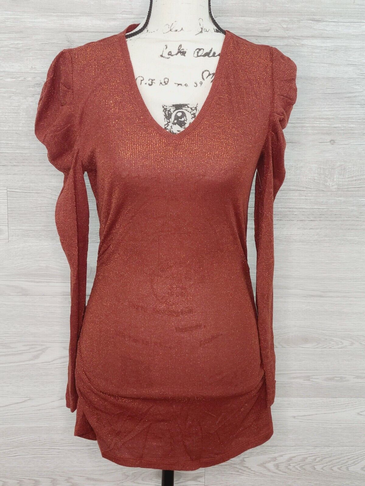 INC Women's Metallic Burnt Orange Long Sleeve V-Neck Mini Dress Size Small