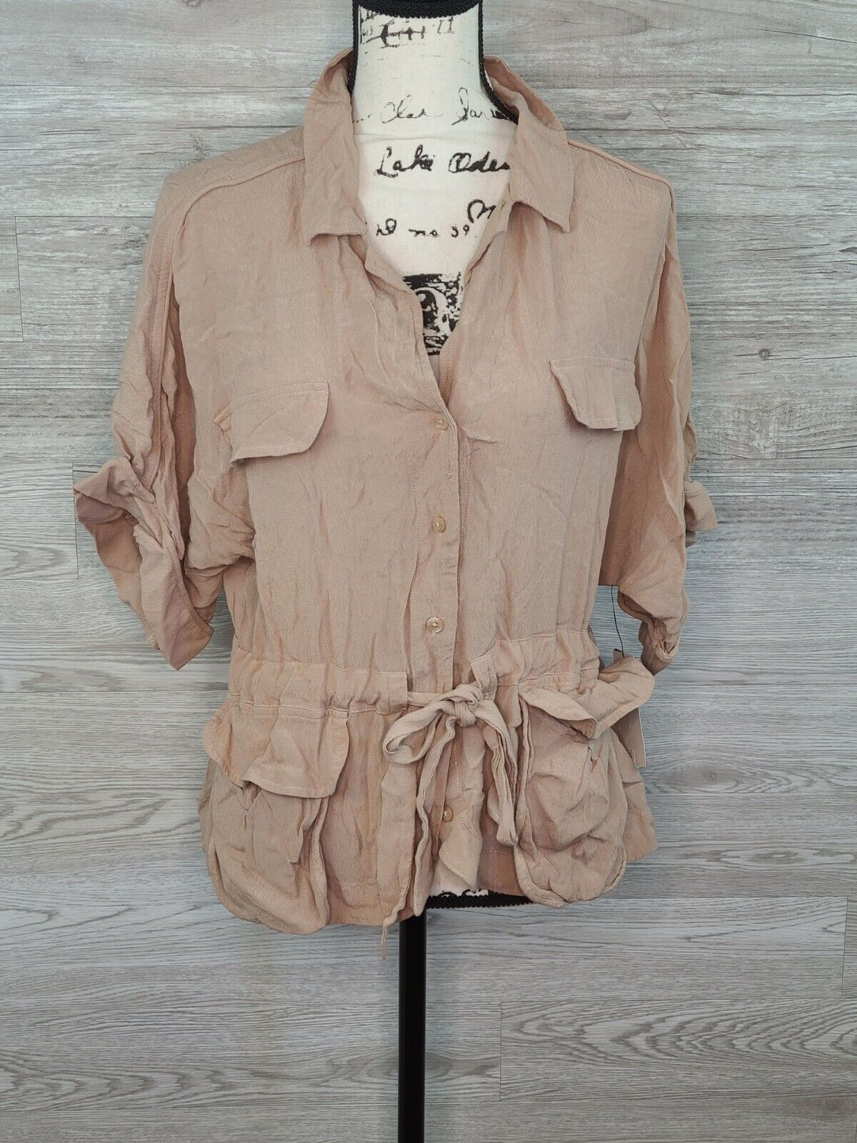 Guess Women's Beige Andrea Button-Front Belted Short Sleeve Top Size Large