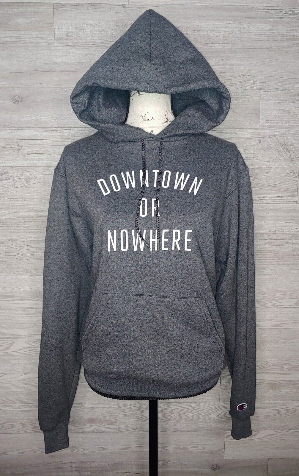 Champion X Knowlita 'Downtown or Nowhere' Dark Heather Grey Preloved Hoodie Size Small