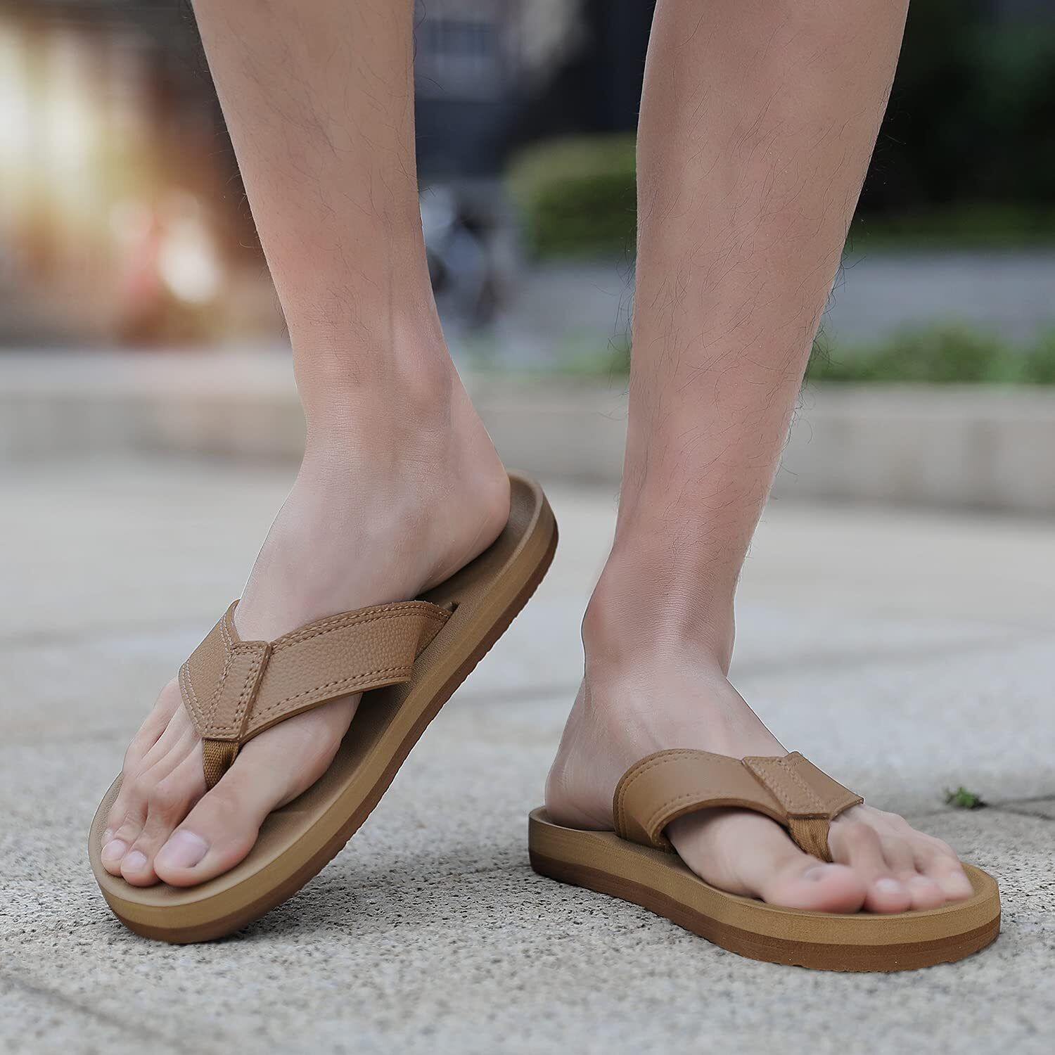 AFFINEST Men's Khaki Soft Strap Rubber Sole Arch Support Flip Flops Size 12