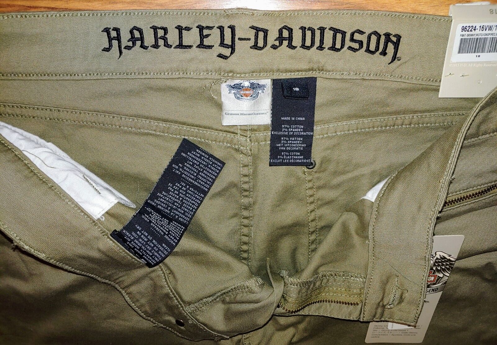 Harley-Davidson Women's Moto Skinny Low-Rise Stone Khaki Pants 96224-16VW Size 18