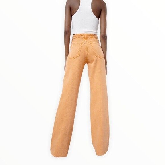 ZARA Women's High Rise Wide Leg Bubble Orange Raw Hem Denim Jeans Size 4