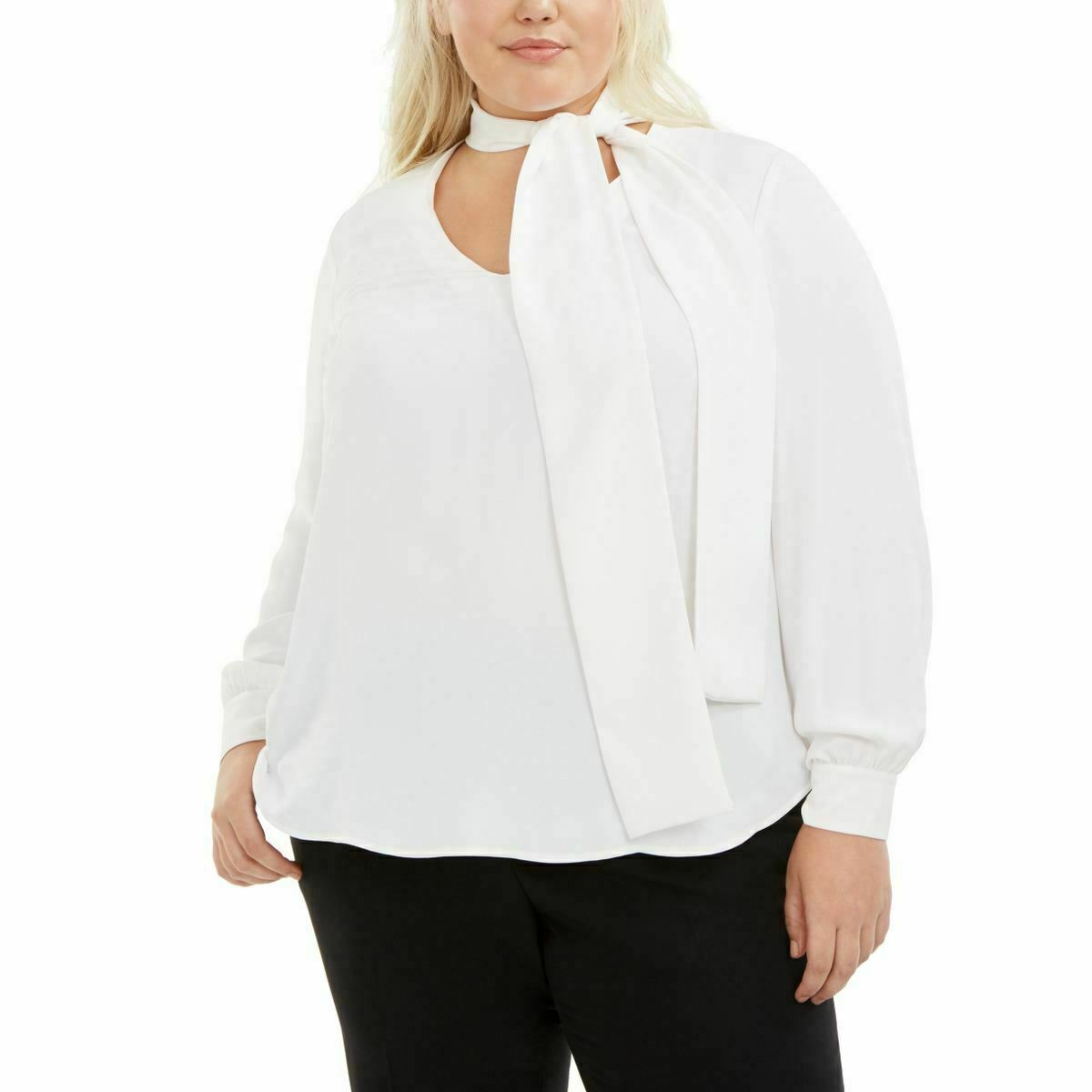 BAR III Women's White Long Sleeve Plus Size Tie-Neck Blouse Shirt Size 1X