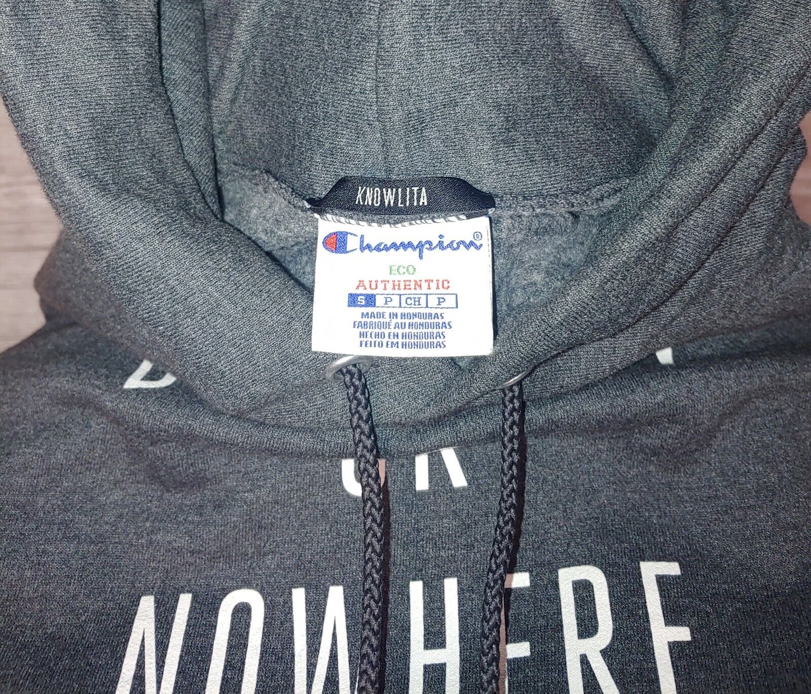 Champion X Knowlita 'Downtown or Nowhere' Dark Heather Grey Preloved Hoodie Size Small