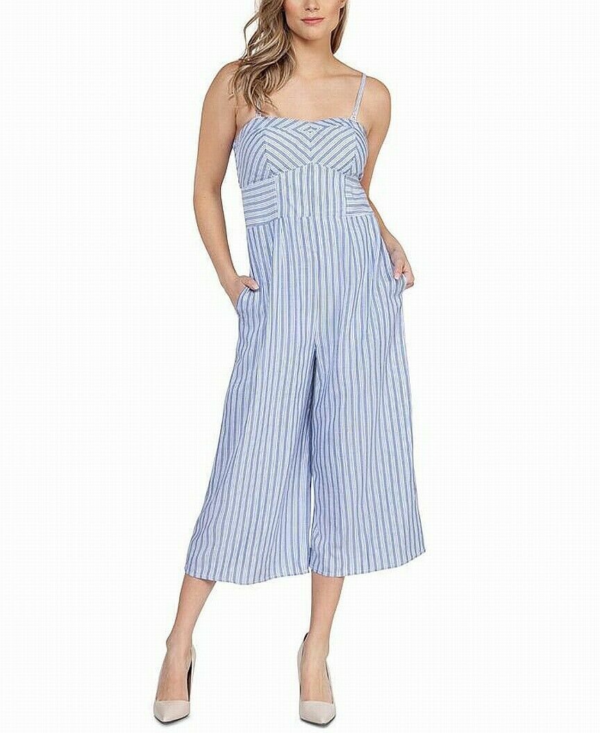 Dex Women's Blue & White Striped Cropped Wide Leg Smocked Jumpsuit Size Small