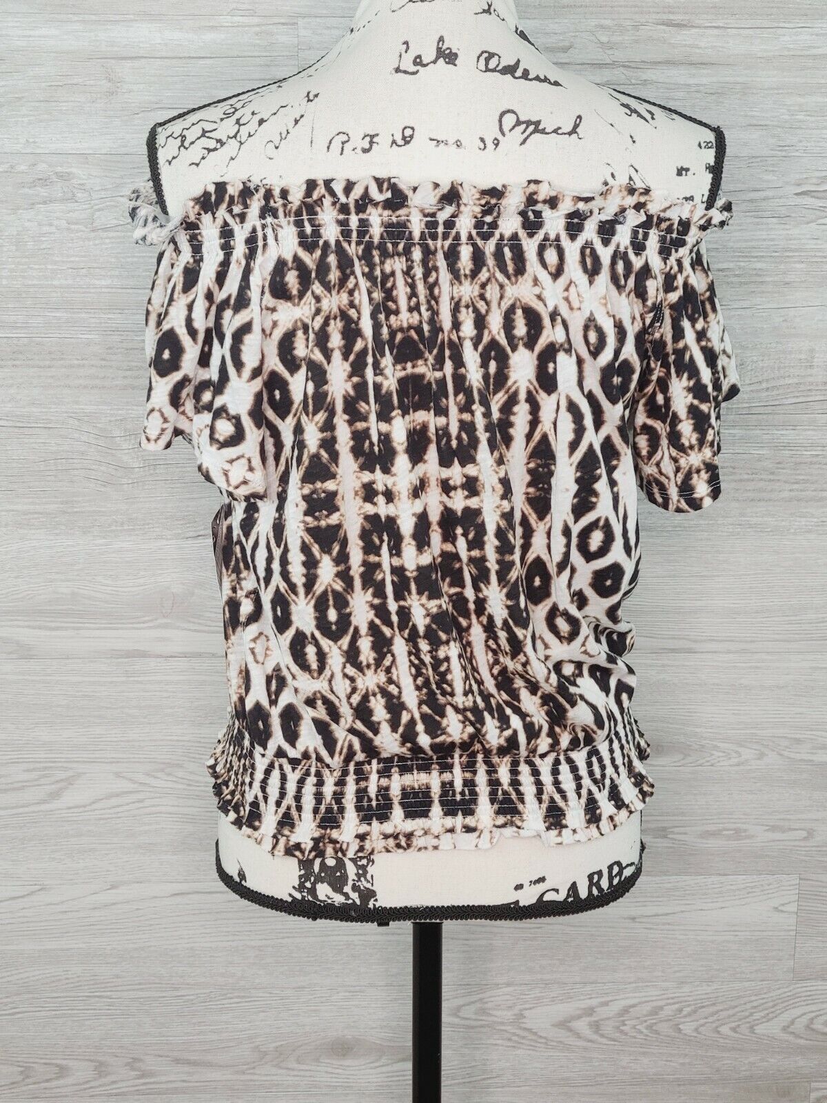 INC Women's Brown Batik Maze Patterned Short Sleeve Off Shoulder Top Size Small