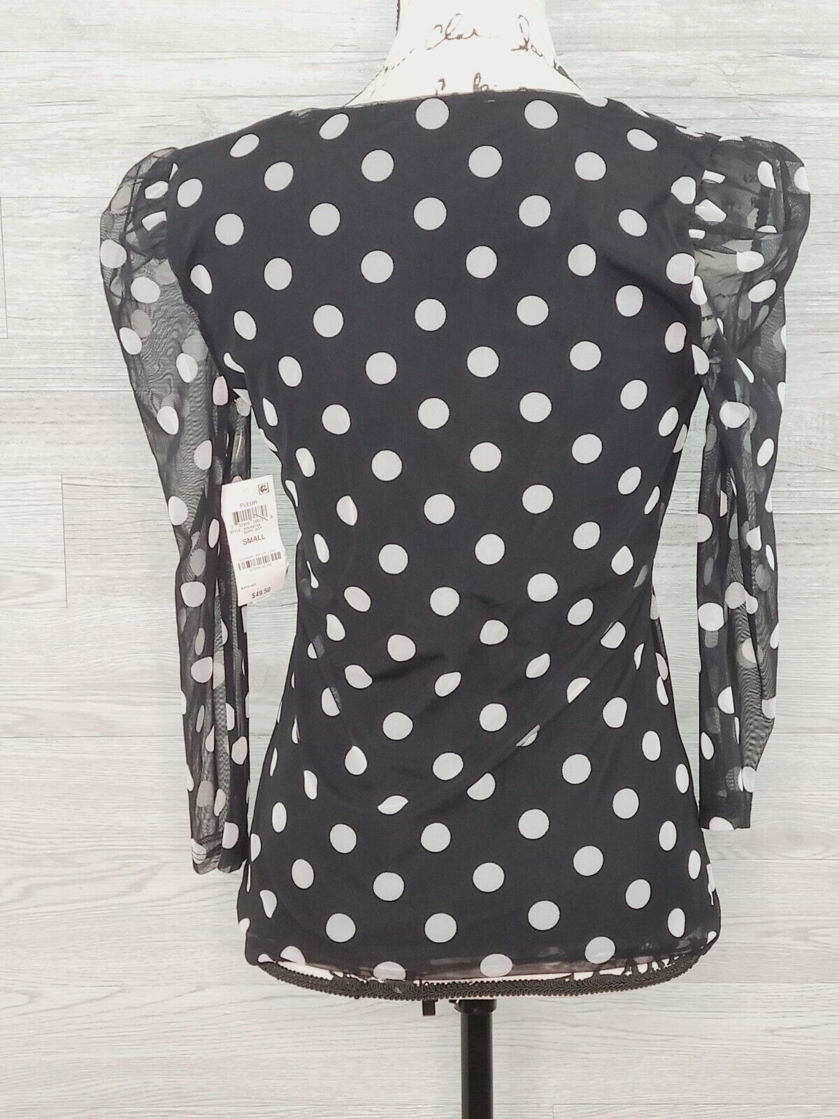 INC Women's Black Polka Dot Sheer Long Sleeve Jewel Neck Top Size Small