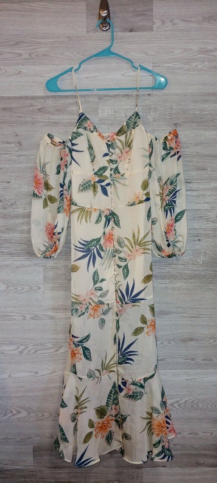 GUESS Women's Lana Blooms Print Cream 3/4 Sleeve Cold Shoulder Maxi Dress Size XS