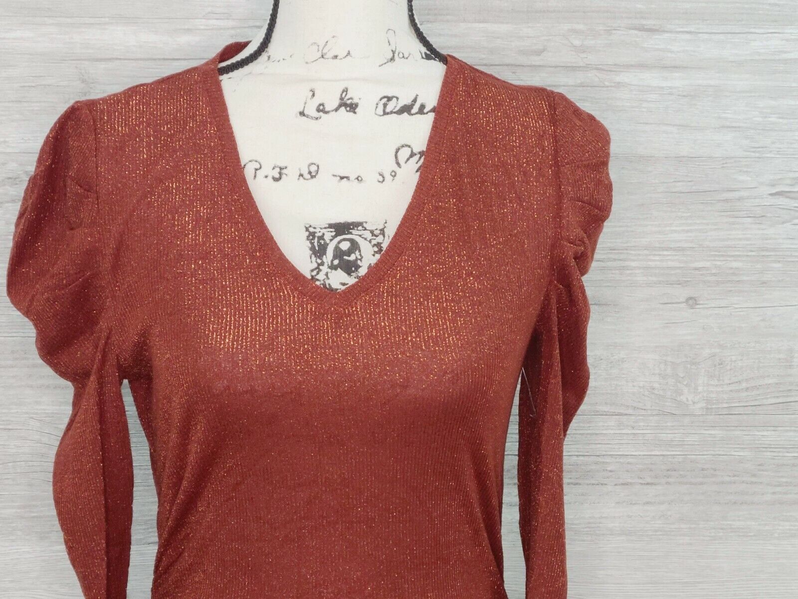 INC Women's Metallic Burnt Orange Long Sleeve V-Neck Mini Dress Size Small