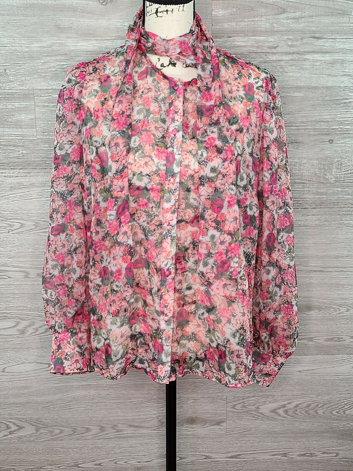 INC Women's Floral Pattern Sheer Bow-Tie Long Sleeve Blouse Size Small