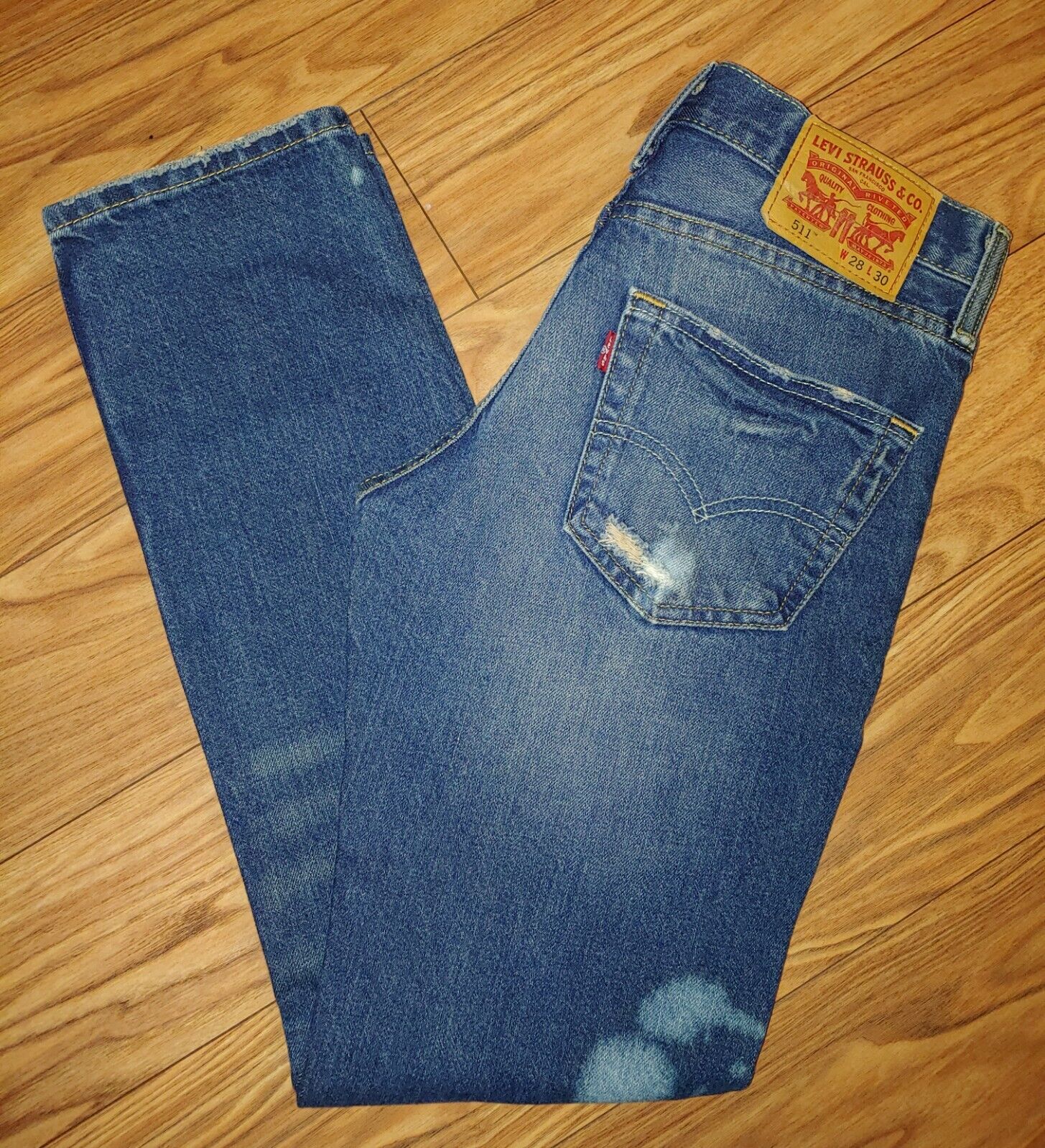 LEVIS 511 Preloved Distressed Slim Dark Wash Bleached Denim Jeans Size