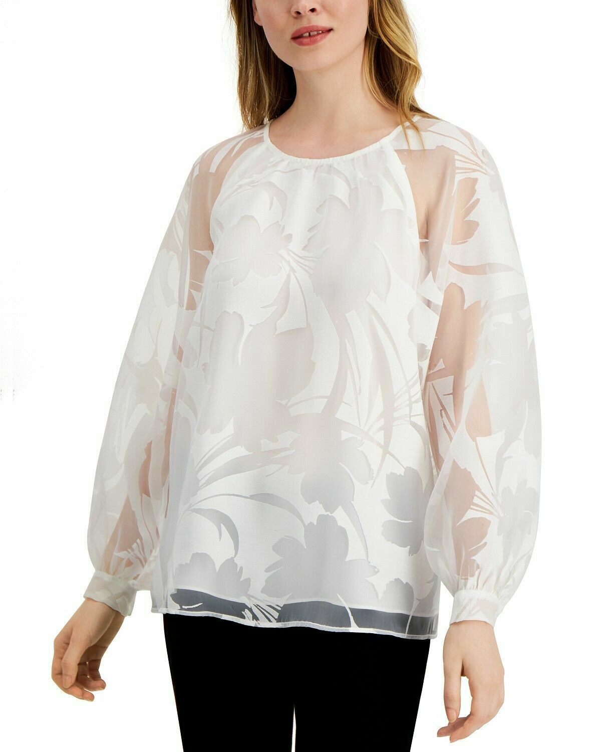 Alfani Women's White Sheer Floral Burnout Raglan Sleeve Blouse Size Medium