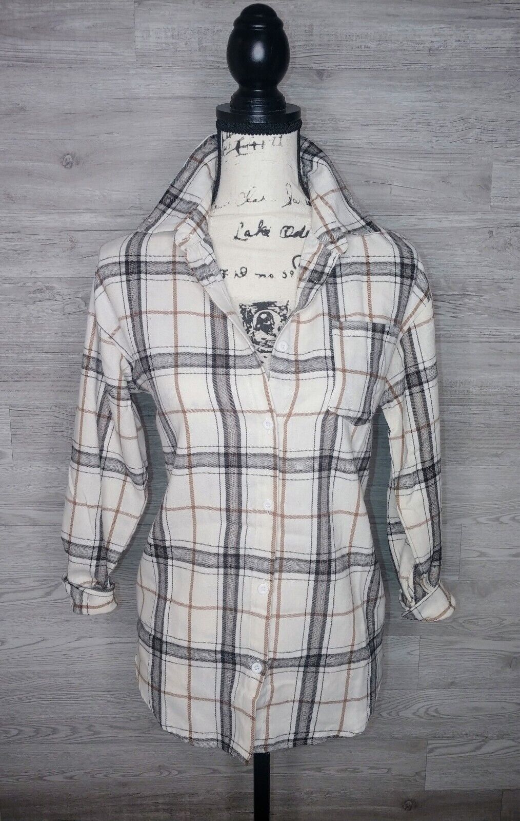 Böhme Women's Button Up, 3/4 Sleeves, Ivory/Black/Brown Plaid Flannel Shirt Size XS