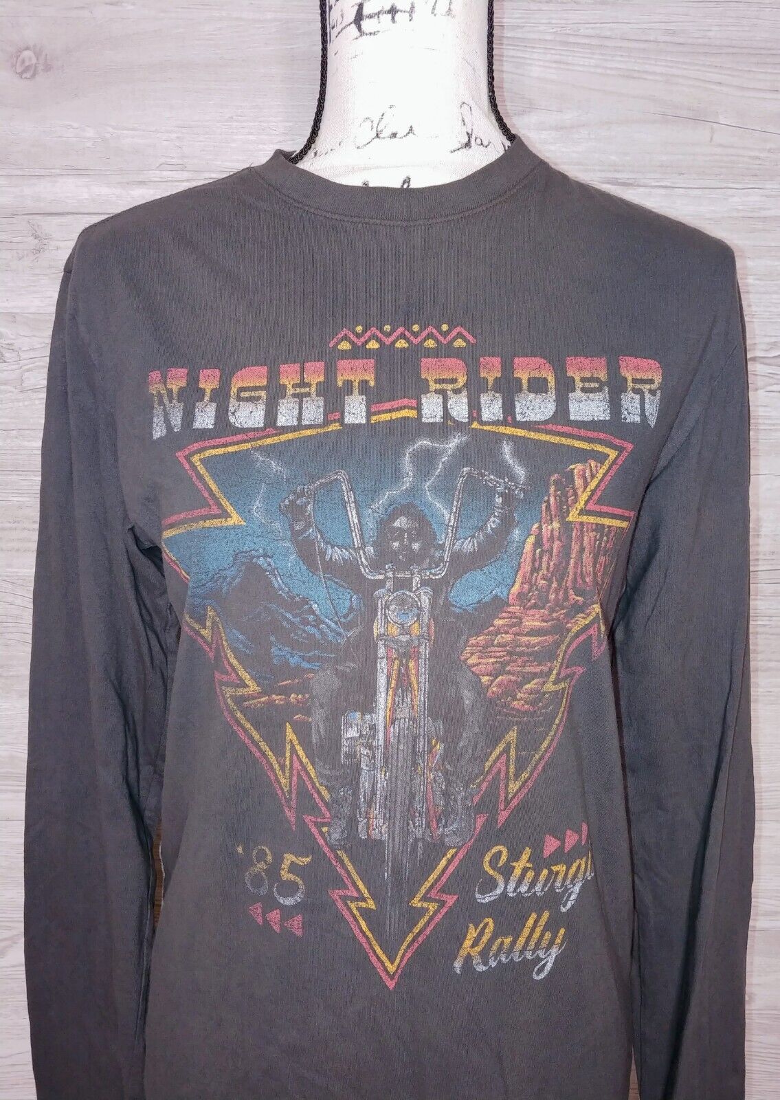 American Highway Preloved Night Rider Sturgis Charcoal Distressed Long Sleeve T-Shirt XS