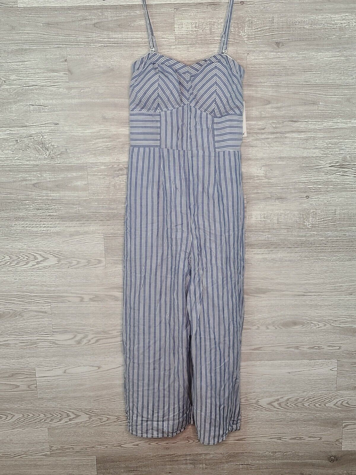 Dex Women's Blue & White Striped Cropped Wide Leg Smocked Jumpsuit Size Small