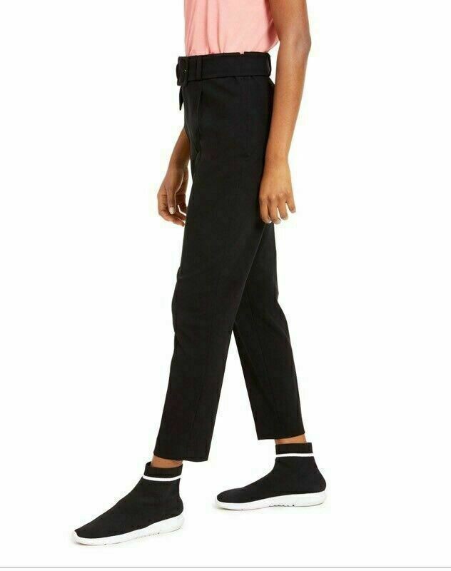 Bar III Women's Black Belted Side Zip Cropped Pleated Ankle Pants Size 4