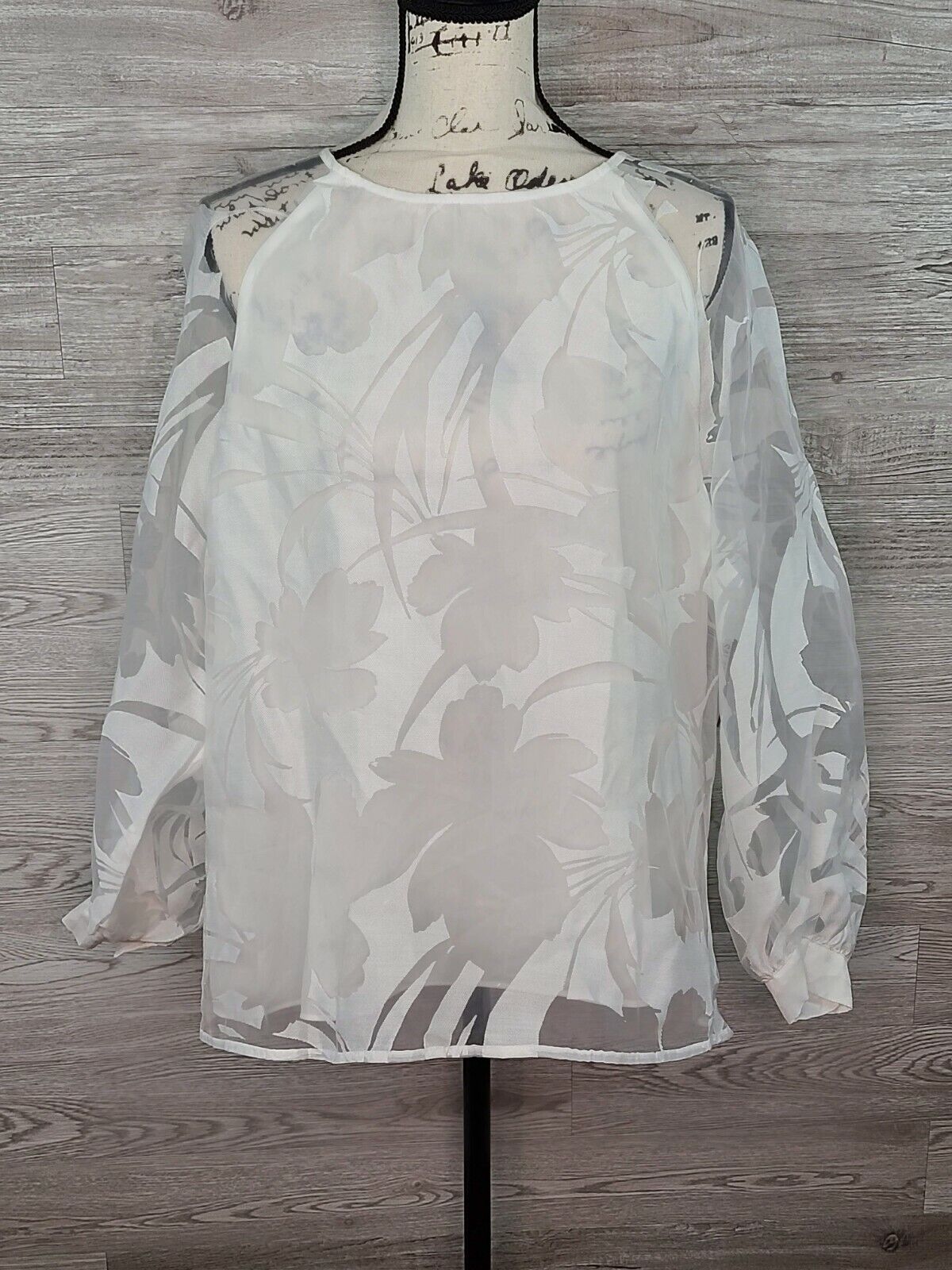 Alfani Women's White Sheer Floral Burnout Raglan Sleeve Blouse Size Medium