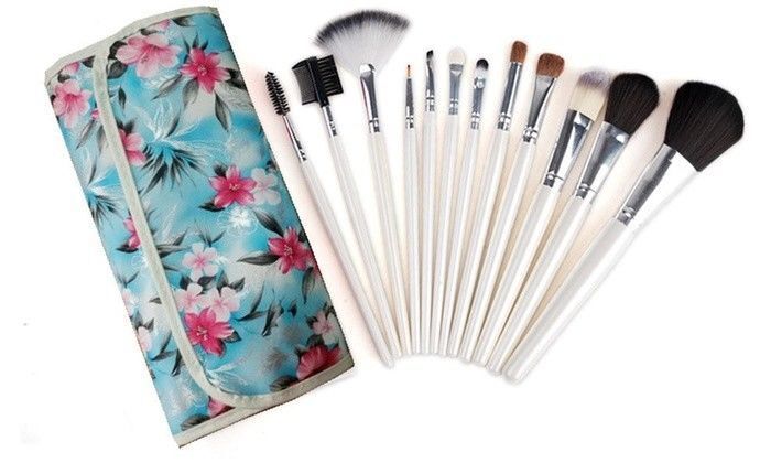 SureCure Professional 12 Piece Cosmetic Brush Kit with Floral Blue Pouch