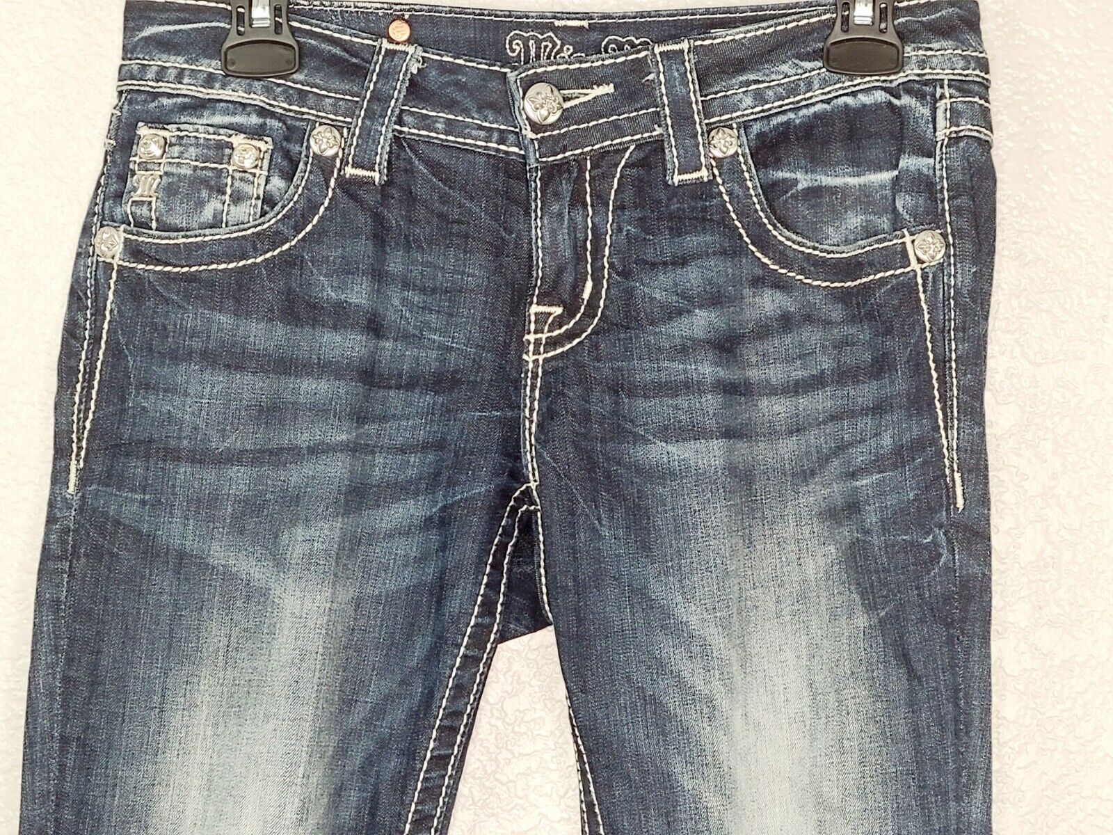 Miss Me Women's Preloved Mid-Rise Easy Cuffed Straight Dark Wash Distressed Jeans Size 25