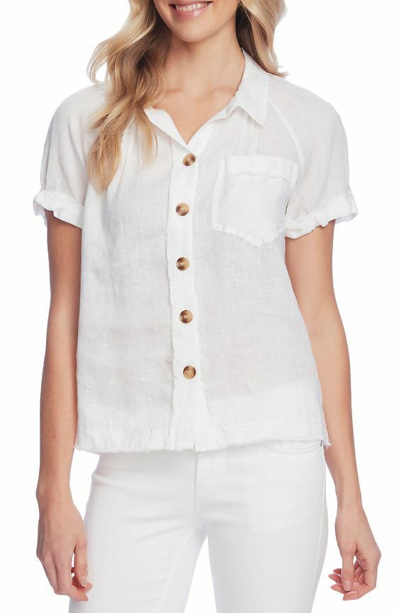 Vince Camuto Women's White Short Sleeve Button Down V-Neck Top Size Small