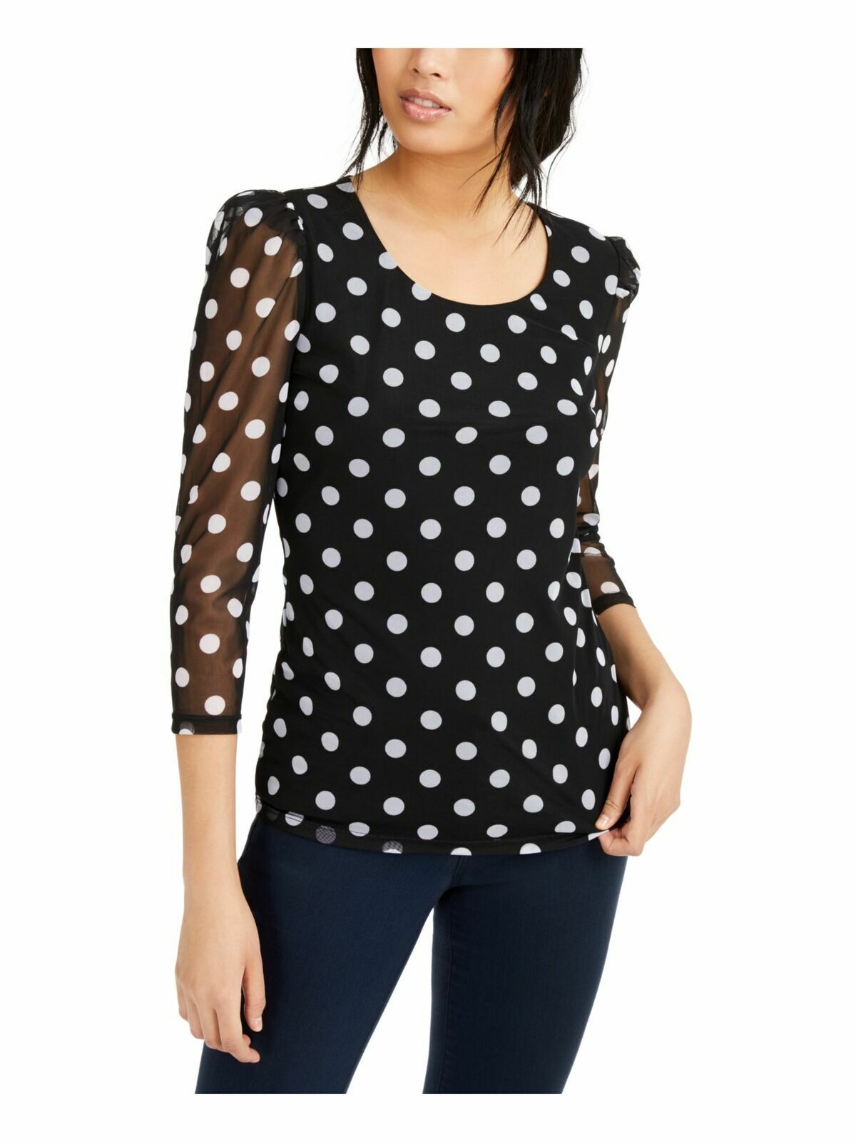 INC Women's Black Polka Dot Sheer Long Sleeve Jewel Neck Top Size Small