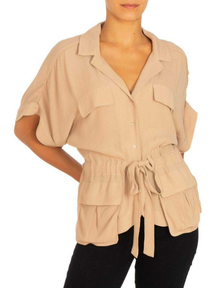 Guess Women's Beige Andrea Button-Front Belted Short Sleeve Top Size Large