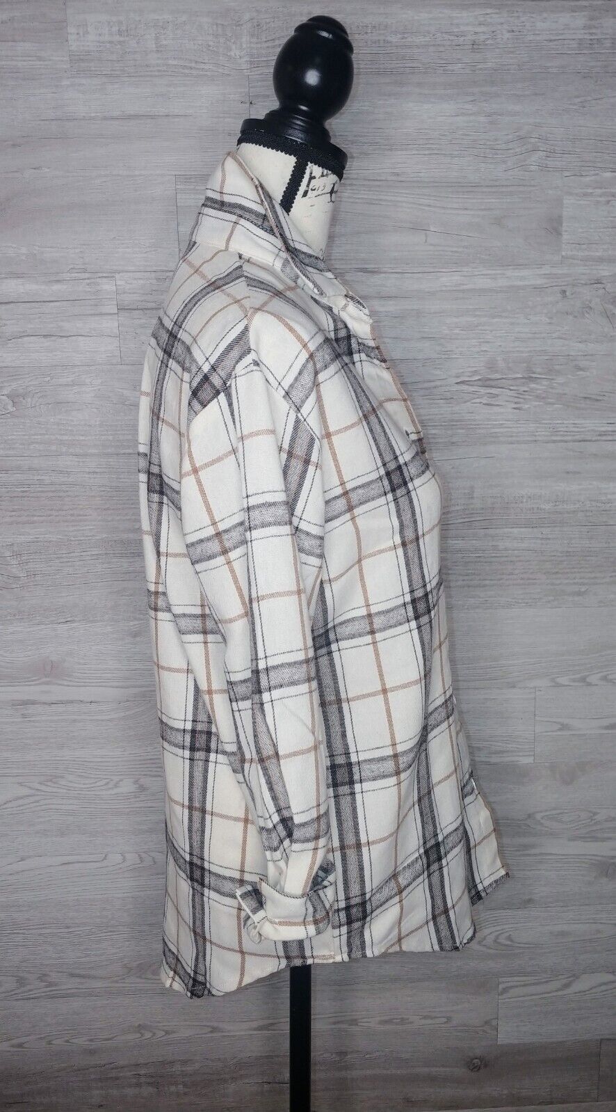 Böhme Women's Button Up, 3/4 Sleeves, Ivory/Black/Brown Plaid Flannel Shirt Size XS