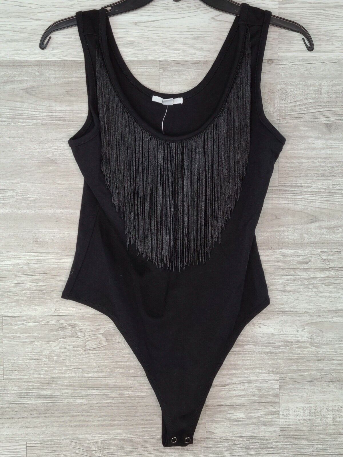 Bar III Women's Black Fringe-Neck Fitted Thong Back Bodysuit Size Medium