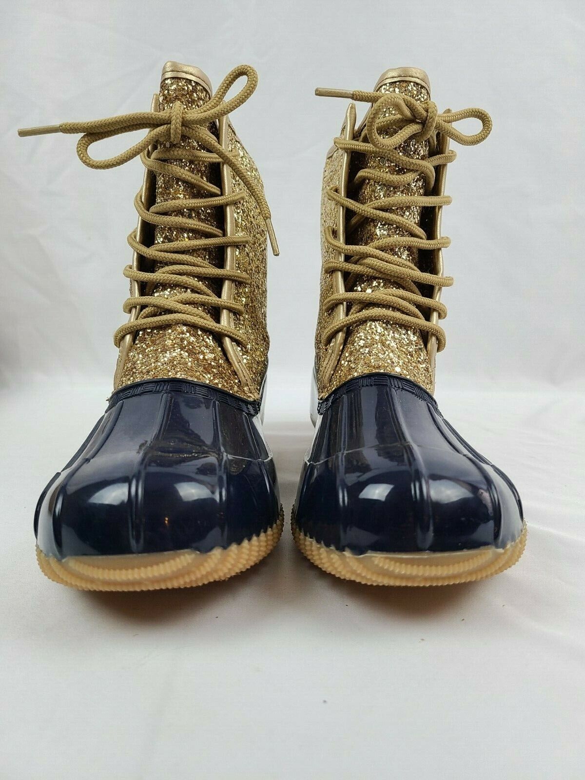 Sugar Women's Skipper Gold Glitter & Blue Waterproof Rain Boot Size 8M