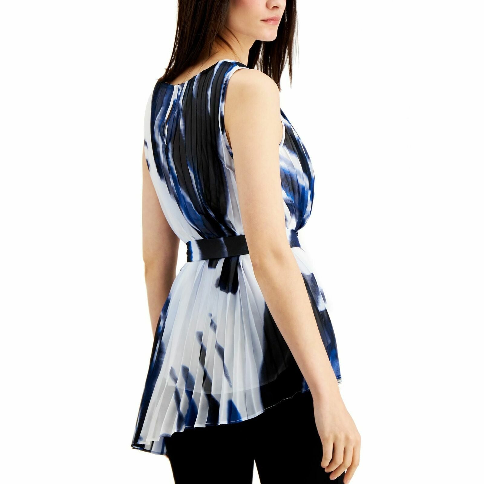 Alfani Women's Blue Marble Belted Abstract Sleeveless Blouse Size Large