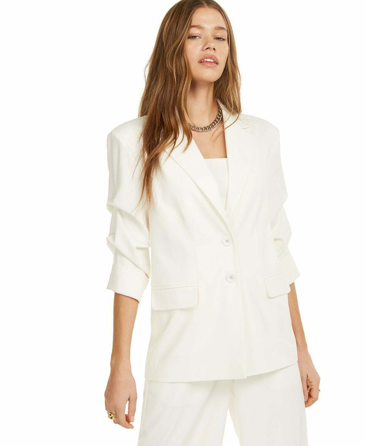 Danielle Bernstein Women's Ivory Blazer Coat With Ruched Sleeves Size Small