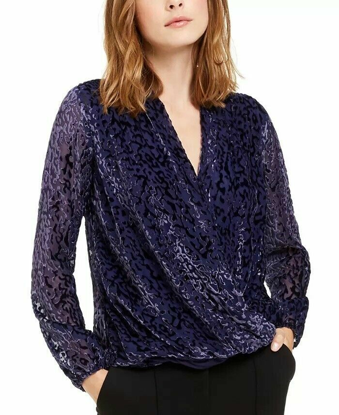 Alfani Women's Deep Purple Printed Burnout Surplice V-Neck Top Size Medium