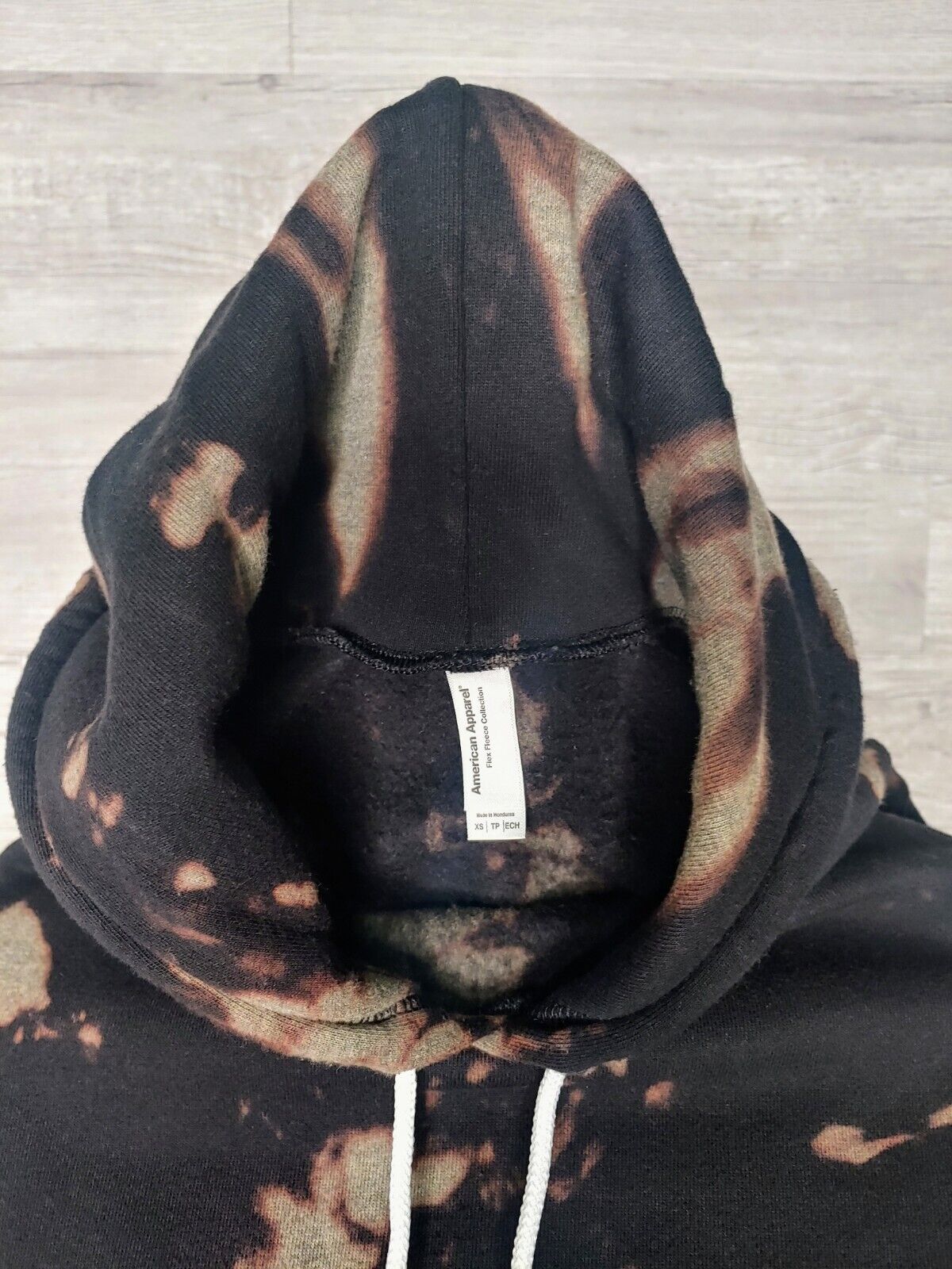 American Apparel Flex Fleece Black Bleach Tie Dye Pullover Hoodie Unisex Size XS