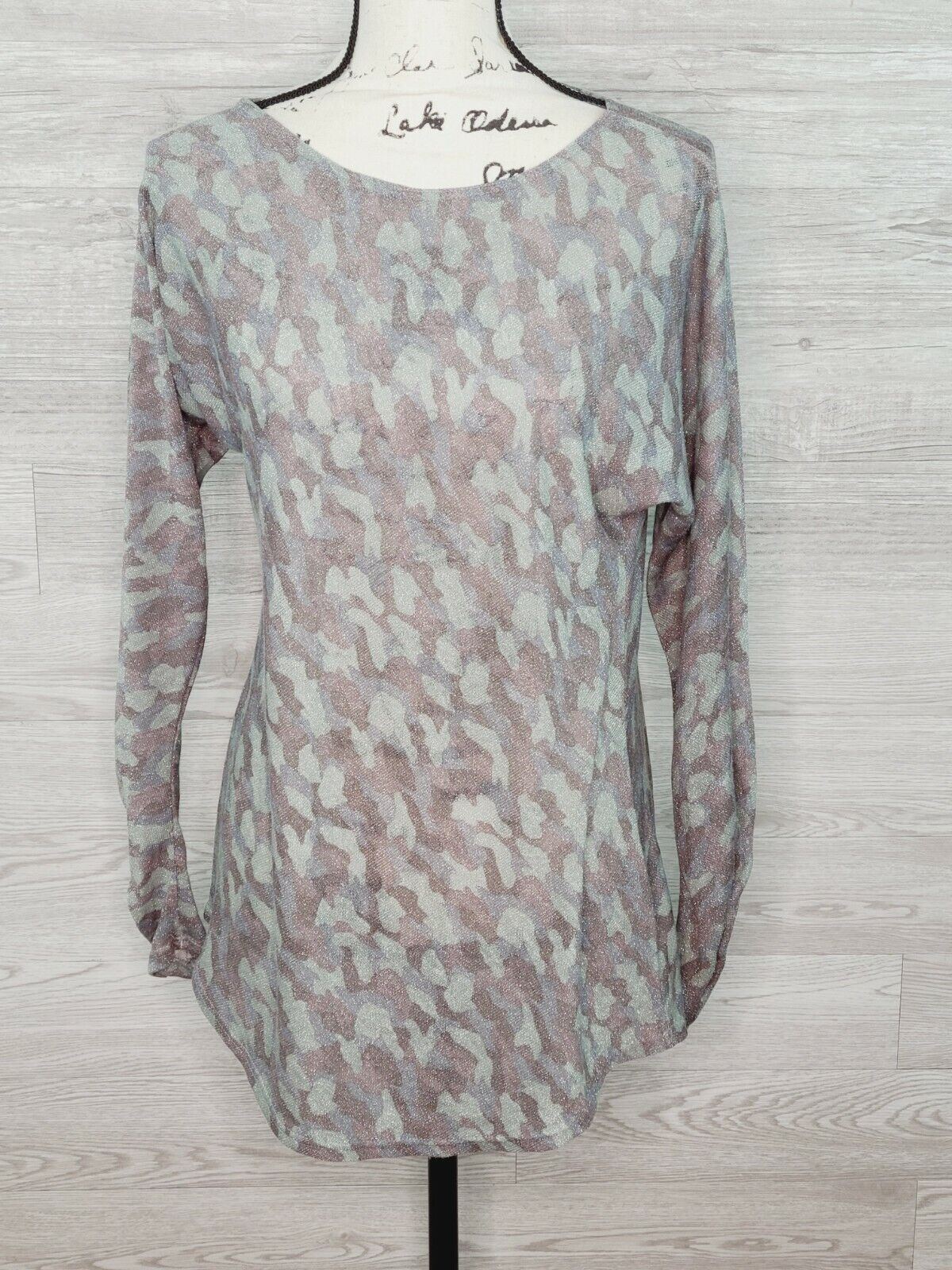 INC Women's Metallic Olive Camo-Print Semi-Sheer Long Sleeve Top Size Small