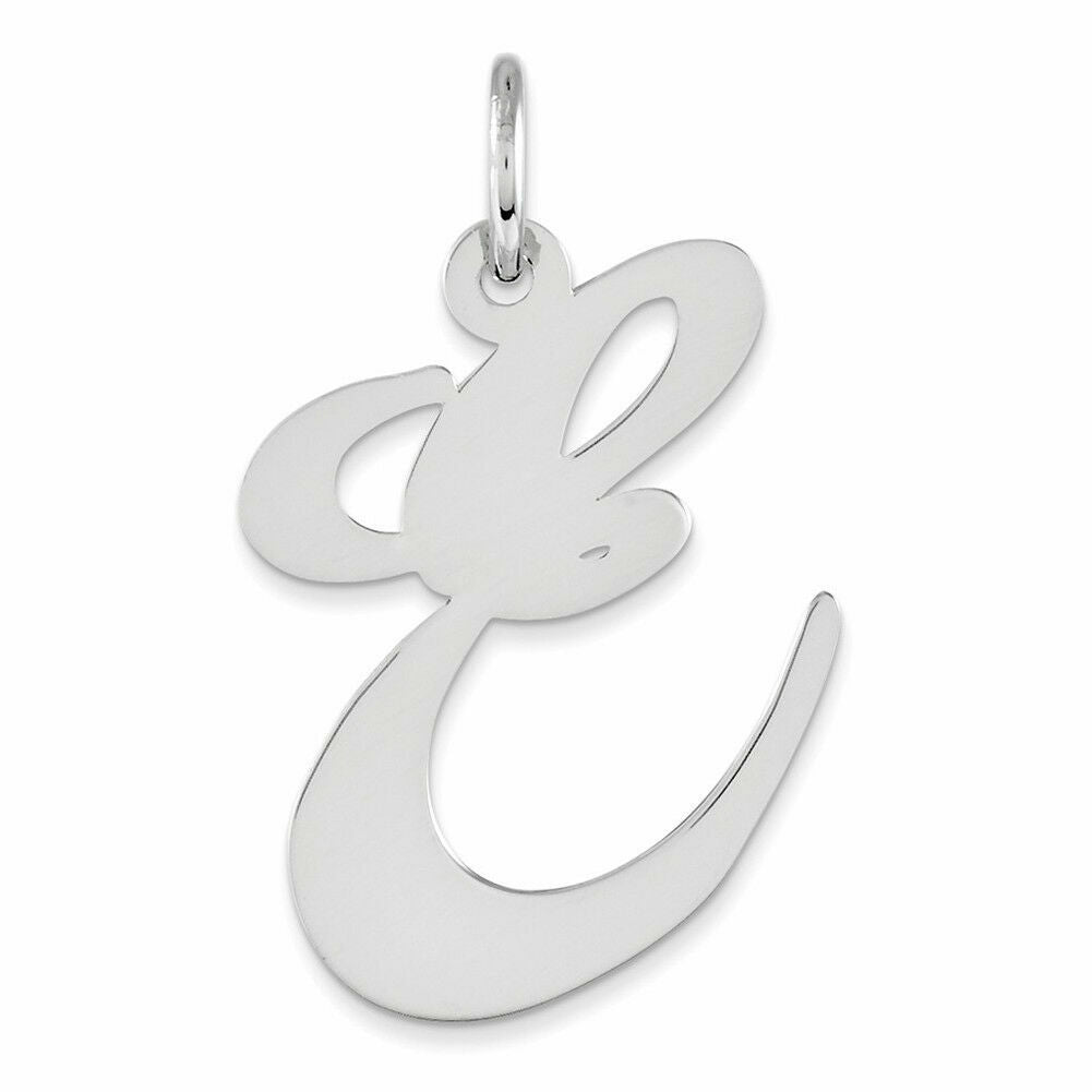 Sterling Silver Large Fancy Script Initial E Charm with 18in Chain