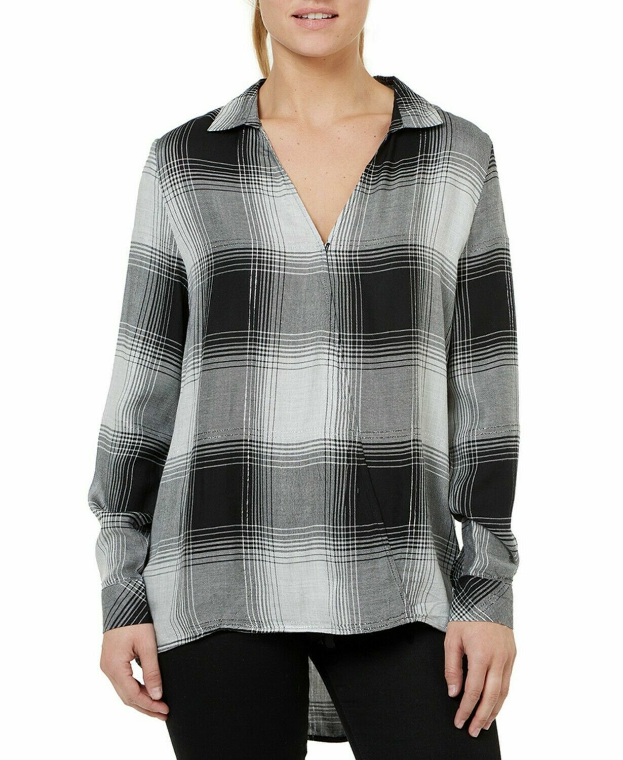 Numero Women's Gray and Black Plaid Crossover V-Neck Long Sleeve Top Size XS