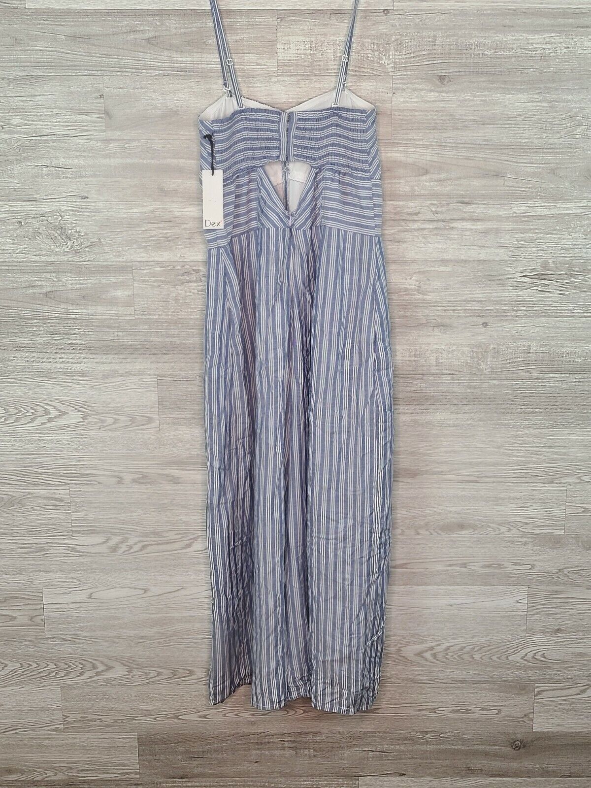 Dex Women's Blue & White Striped Cropped Wide Leg Smocked Jumpsuit Size Small