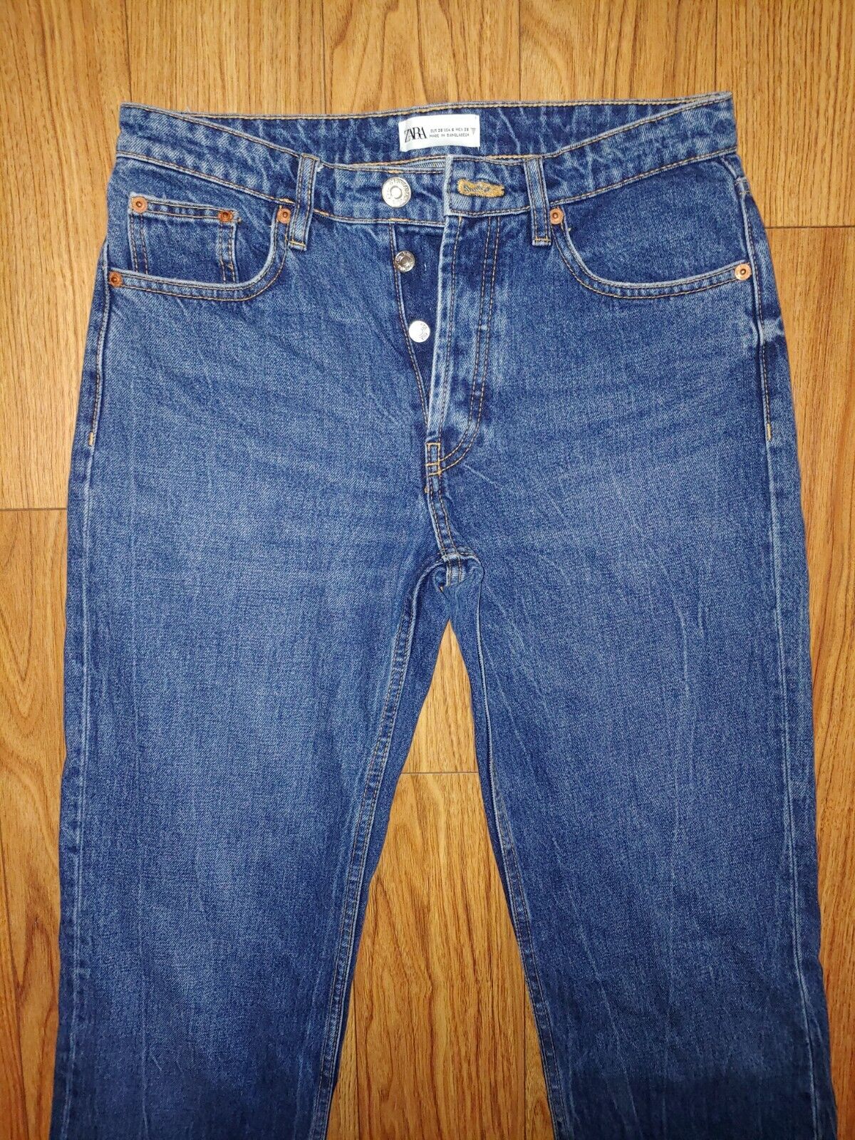 ZARA Mid Rise 100% Cotton Rigid Denim Straight Leg Jeans, Medium Wash Sz 6