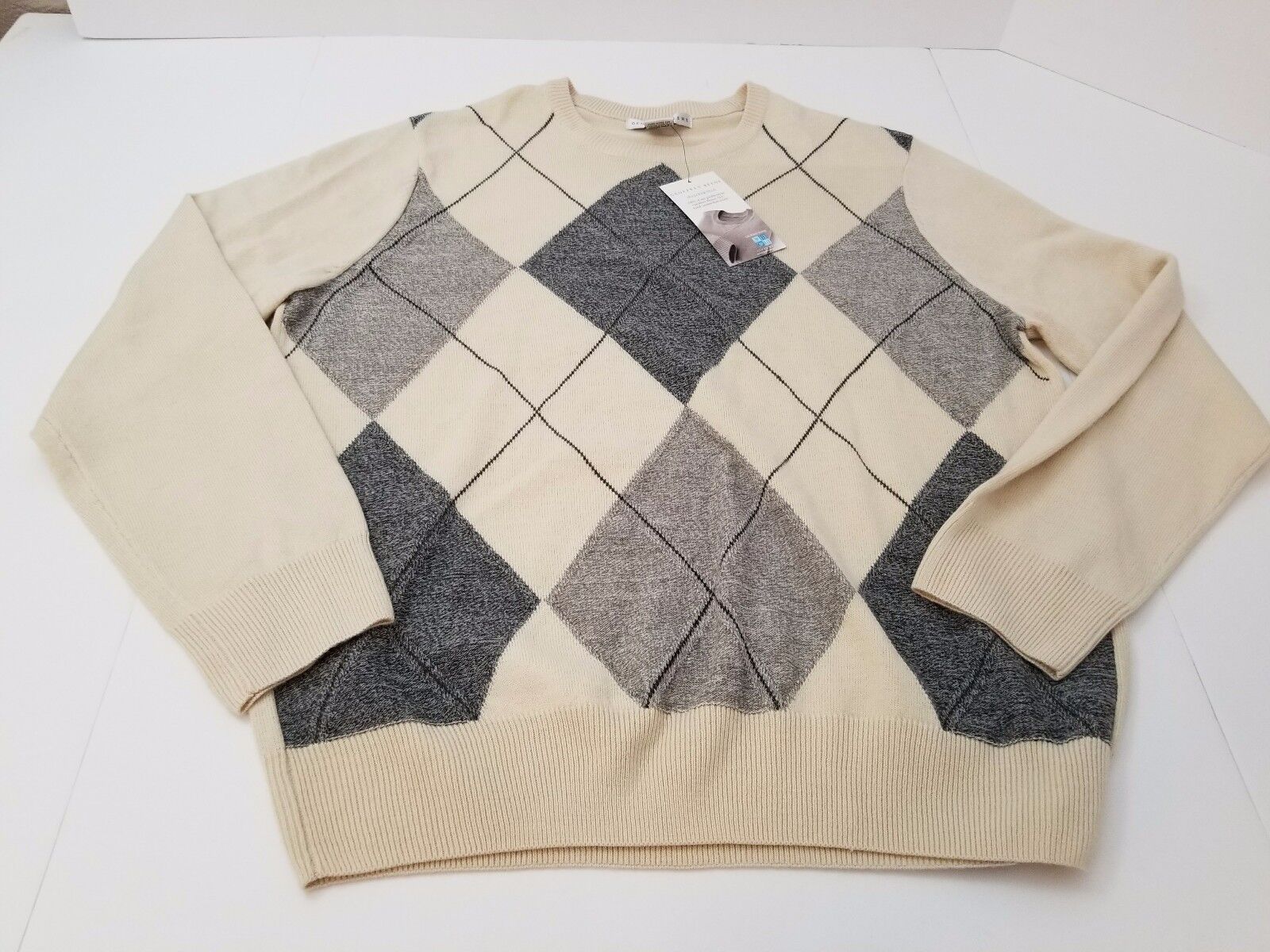 Geoffrey Beene Men's Argyle Long Sleeve Pullover Acrylic Vanilla Sweater Size Large