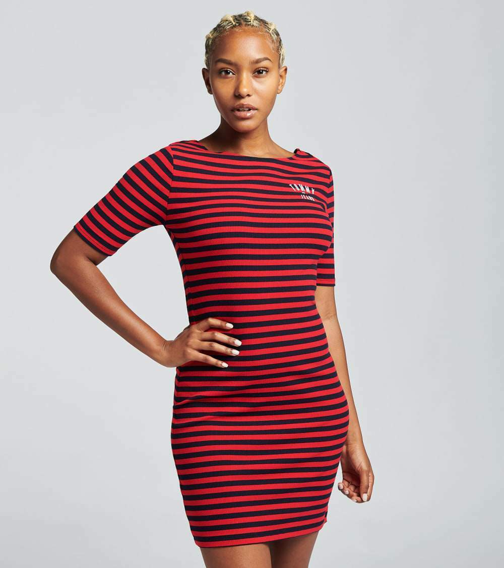 Tommy Jeans Women's Red & Blue Striped Ribbed Short Sleeve Dress Size Medium