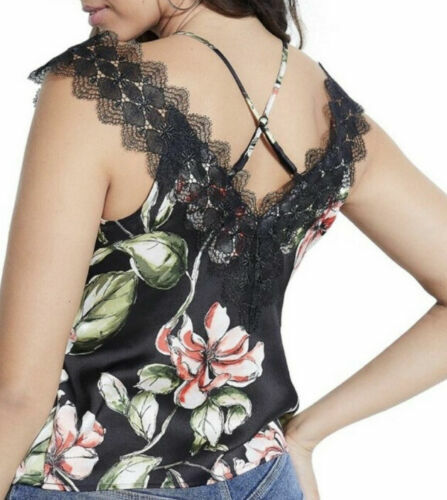 Guess Izabella Women's Black Lace-Trim Floral Print Tank Top Blouse Size XS