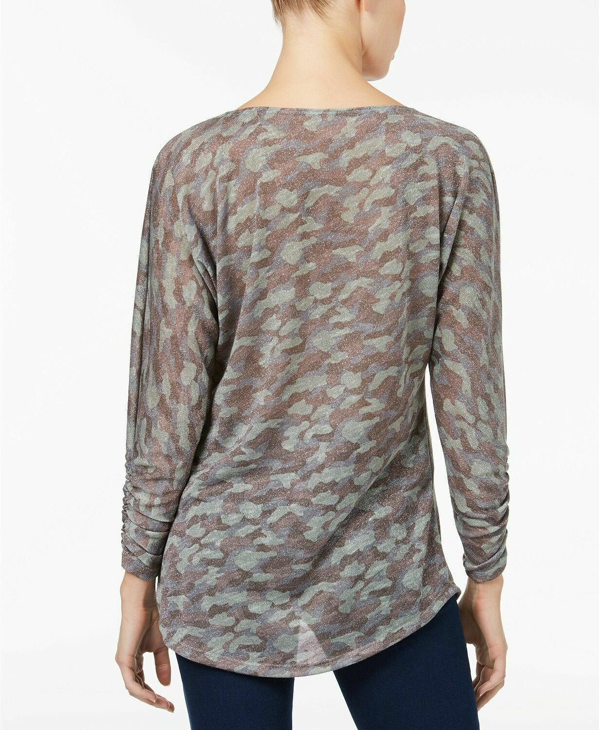 INC Women's Metallic Olive Camo-Print Semi-Sheer Long Sleeve Top Size Small