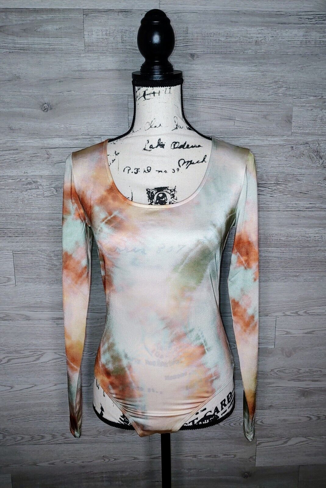 Guess Prism Tie Dye Long Sleeve Thong Bodysuit, Scoop Neck Size Medium