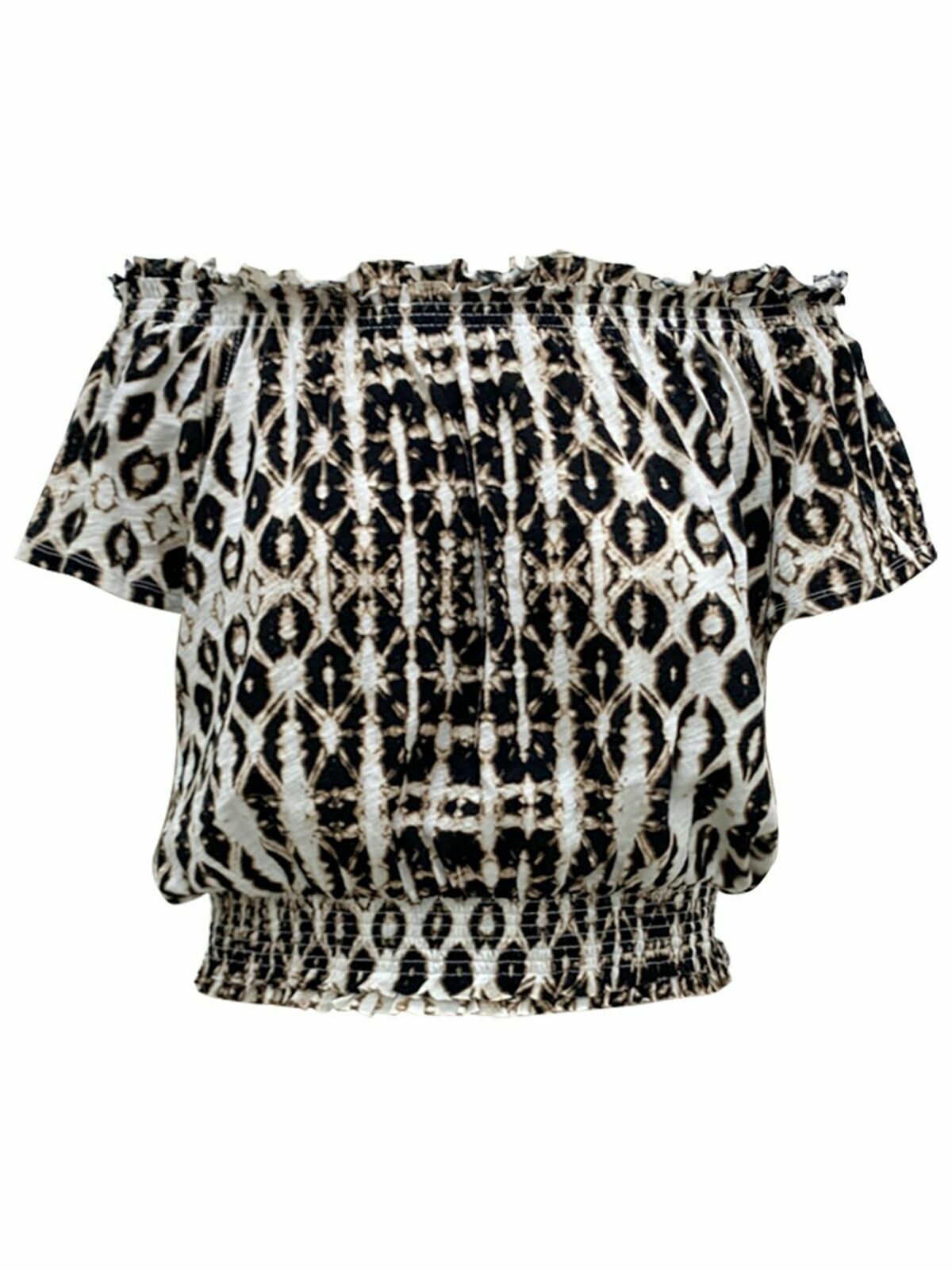 INC Women's Brown Batik Maze Patterned Short Sleeve Off Shoulder Top Size Small