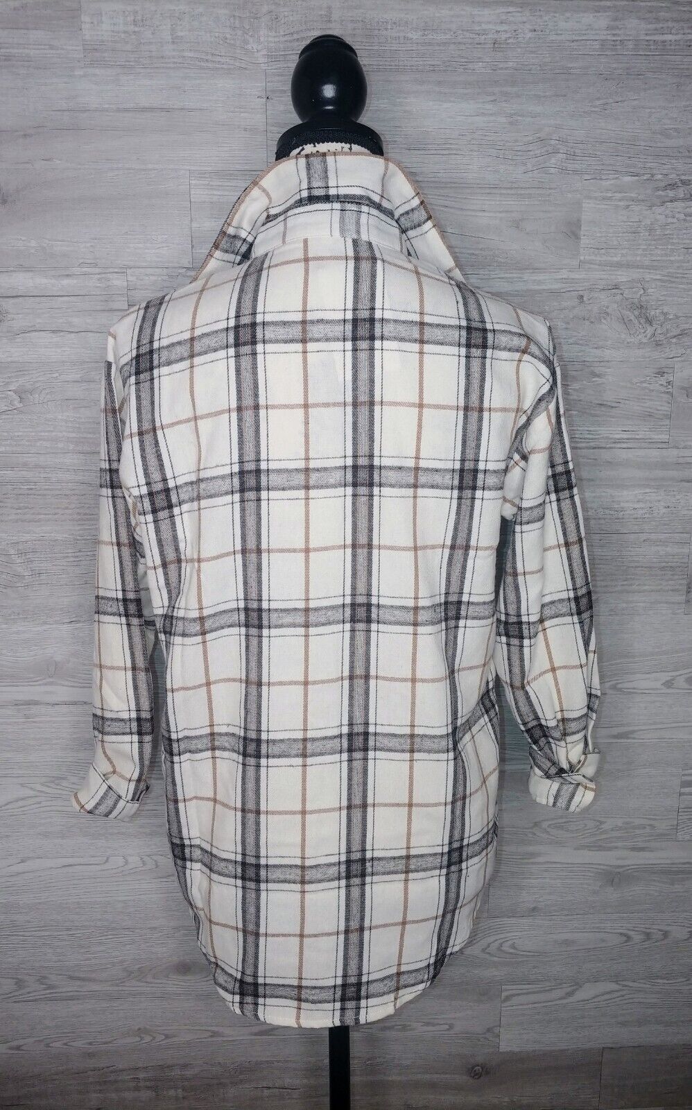 Böhme Women's Button Up, 3/4 Sleeves, Ivory/Black/Brown Plaid Flannel Shirt Size XS