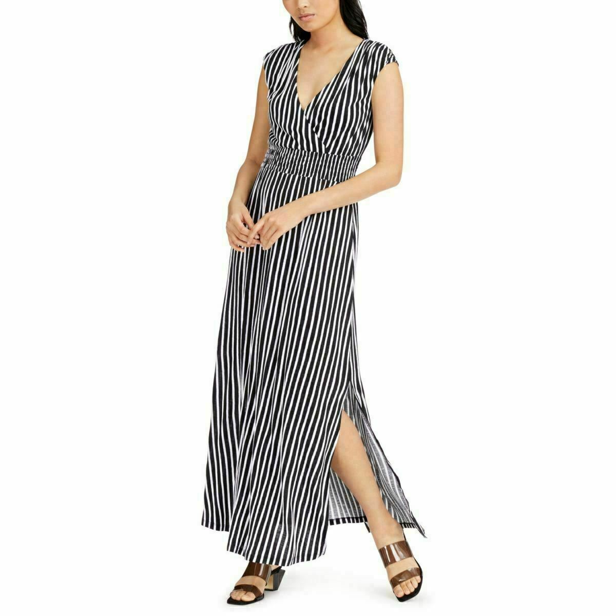 INC Women's Black & White Striped Smocked V-Neck Split-Hem Maxi Dress Size XS