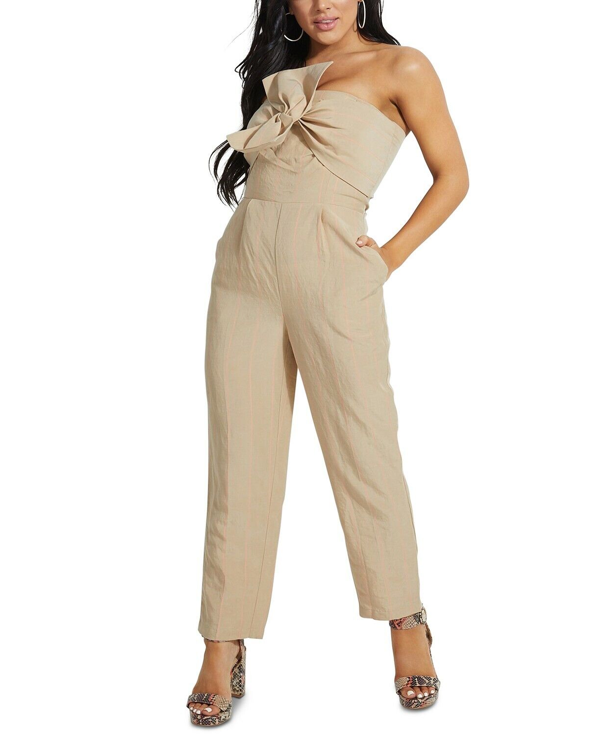 Guess Women's Evelina Beige Strapless Jumpsuit Overall with Bow Size Medium