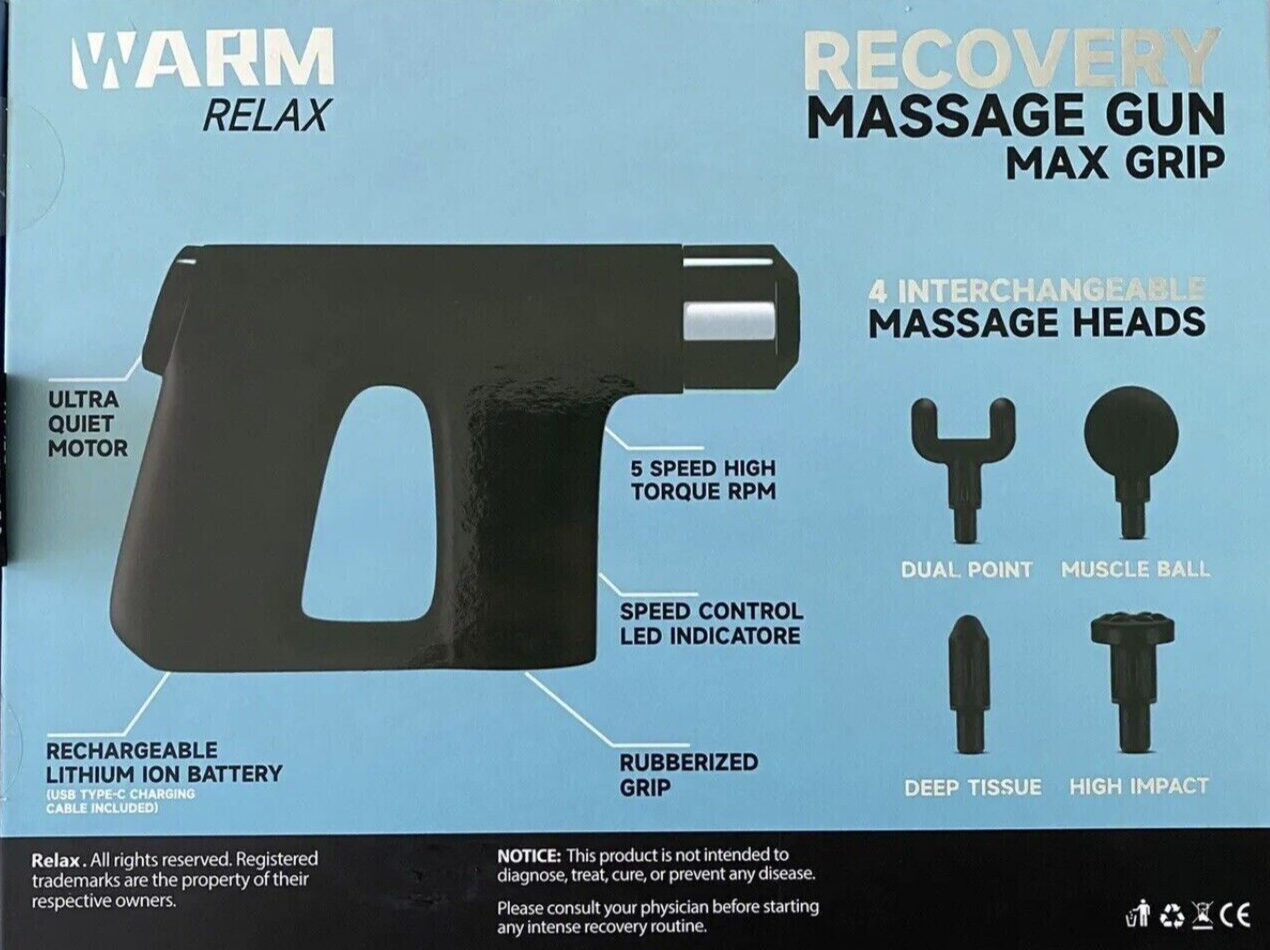 Warm Relax Max Grip Recovery Massage Gun with 4 Interchangeable Heads